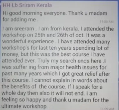 Testimonial message from Sriram, Kerala about the workshop