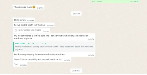 WhatsApp chat testimonial about anxiety and depression relief