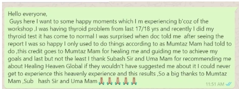WhatsApp testimonial from Mansi about thyroid healing